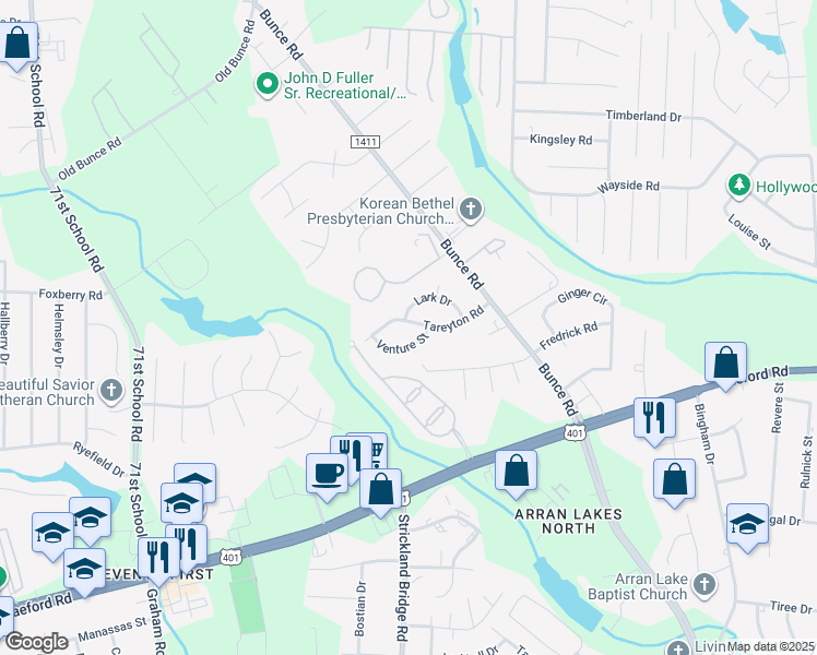 map of restaurants, bars, coffee shops, grocery stores, and more near 6530 Lark Drive in Fayetteville