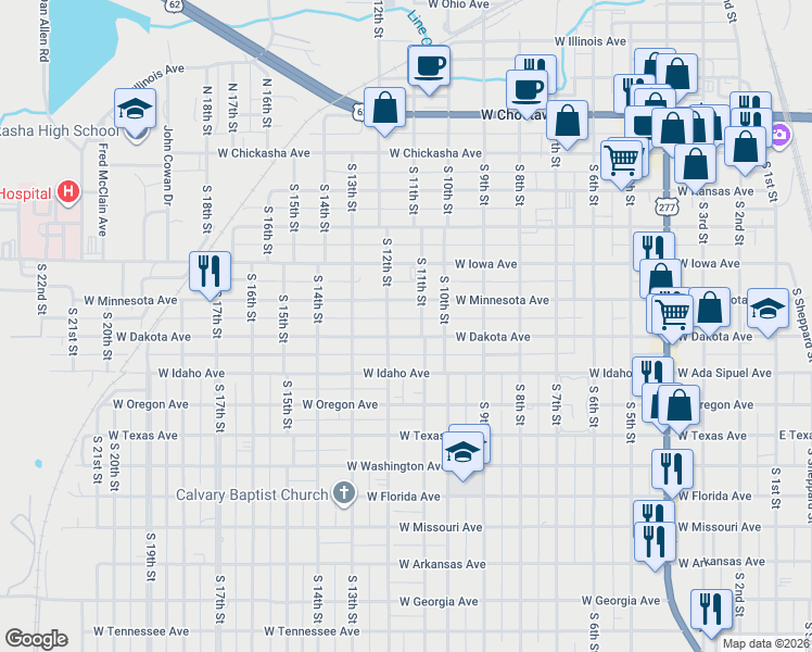 map of restaurants, bars, coffee shops, grocery stores, and more near 1123 West Minnesota Avenue in Chickasha