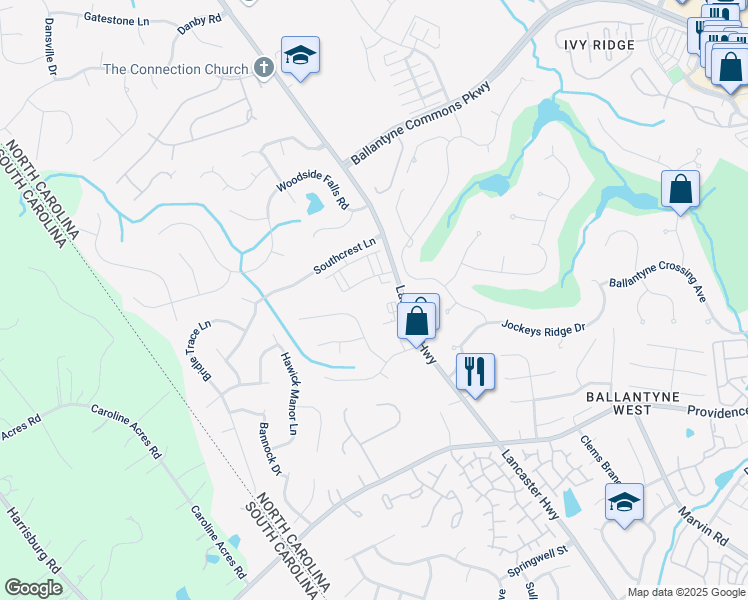 map of restaurants, bars, coffee shops, grocery stores, and more near 14726 Lancaster Highway in Pineville