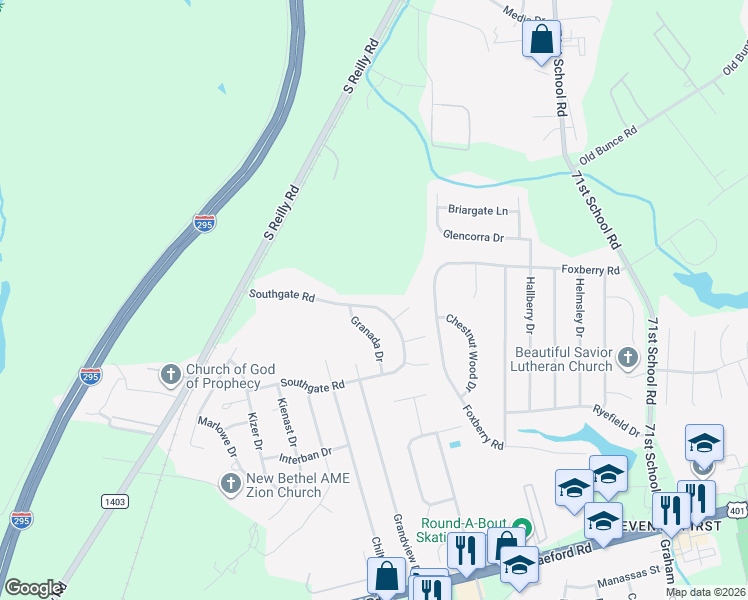 map of restaurants, bars, coffee shops, grocery stores, and more near 7550 Southgate Road in Fayetteville
