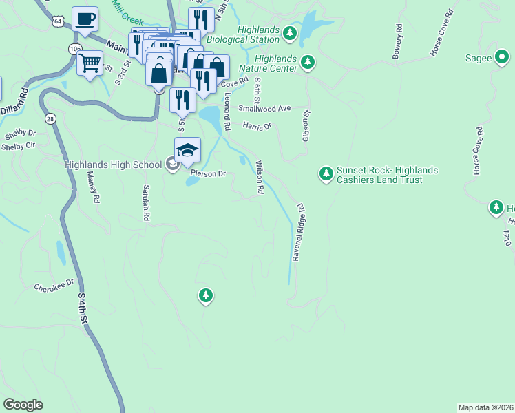 map of restaurants, bars, coffee shops, grocery stores, and more near 884 Wilson Road in Highlands