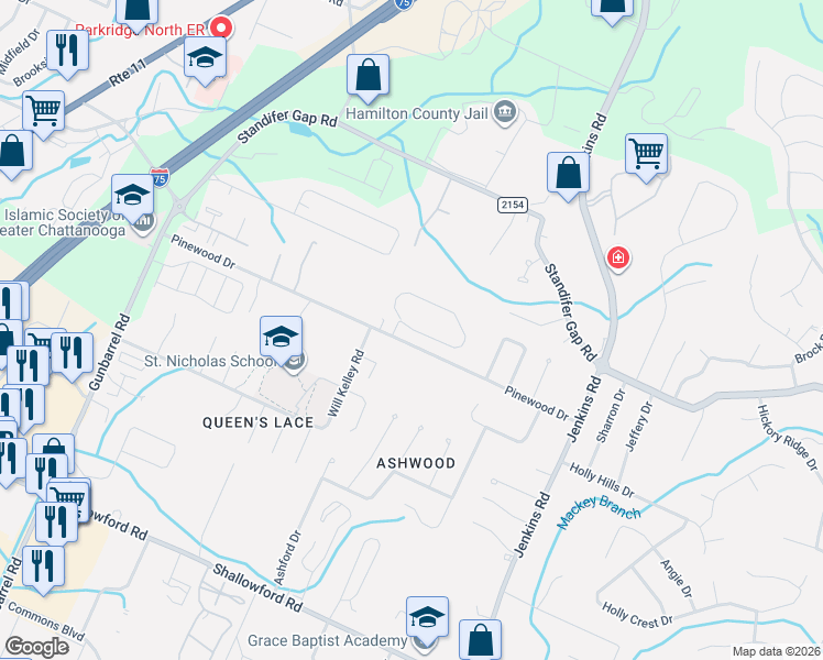 map of restaurants, bars, coffee shops, grocery stores, and more near 7531 Pinewood Drive in Chattanooga