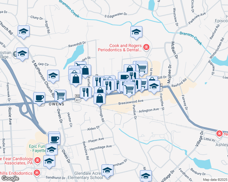 map of restaurants, bars, coffee shops, grocery stores, and more near 106 Willborough Avenue in Fayetteville