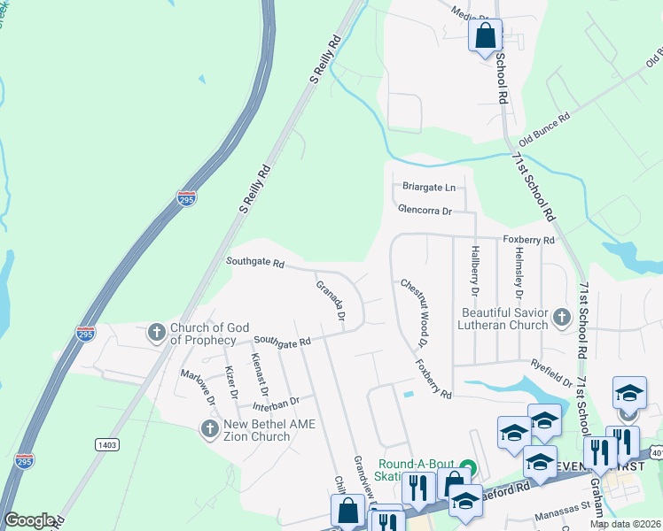 map of restaurants, bars, coffee shops, grocery stores, and more near 7550 Southgate Road in Fayetteville