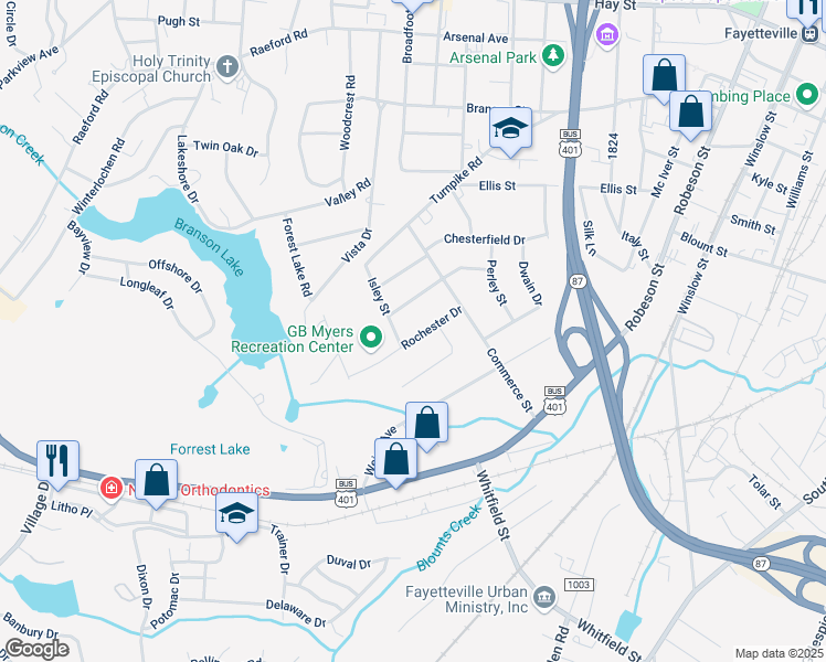 map of restaurants, bars, coffee shops, grocery stores, and more near 922 Rochester Drive in Fayetteville