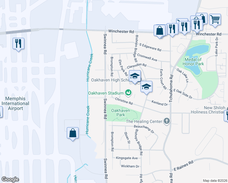 map of restaurants, bars, coffee shops, grocery stores, and more near 3774 Brompton Road in Memphis