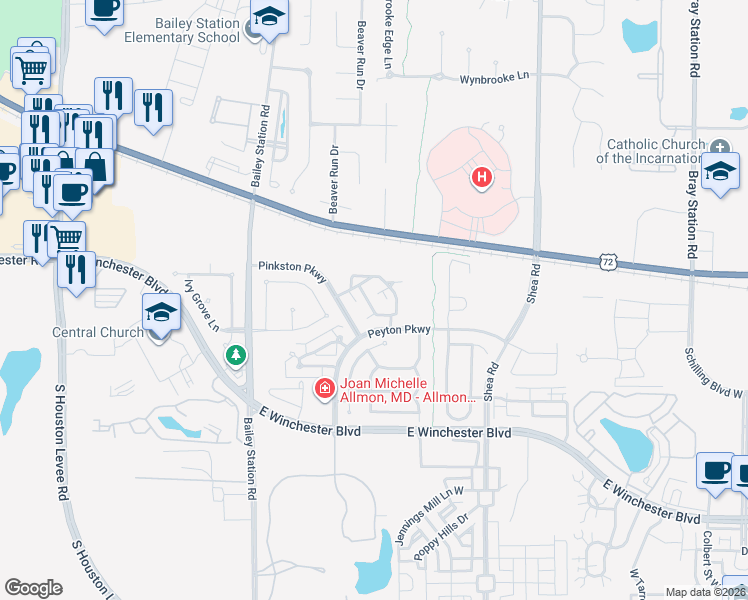 map of restaurants, bars, coffee shops, grocery stores, and more near 1735 Village Ridge Road in Collierville
