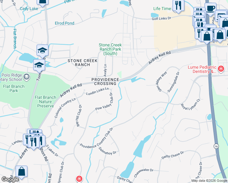 map of restaurants, bars, coffee shops, grocery stores, and more near 11107 Pine Valley Club Drive in Charlotte