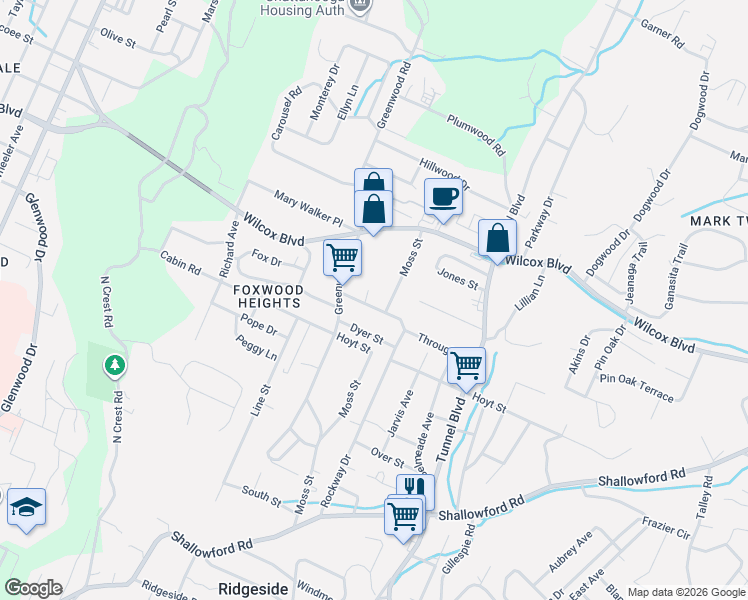map of restaurants, bars, coffee shops, grocery stores, and more near 1309 Moss Street in Chattanooga