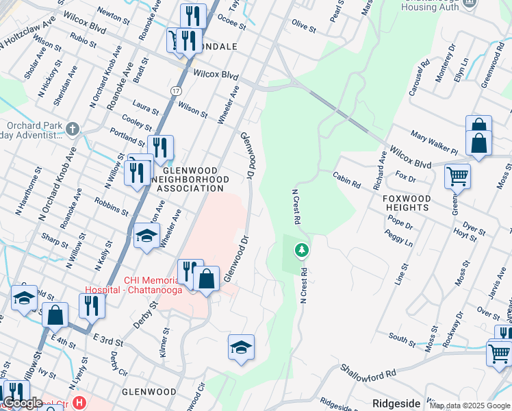 map of restaurants, bars, coffee shops, grocery stores, and more near 1018 Glenwood Drive in Chattanooga