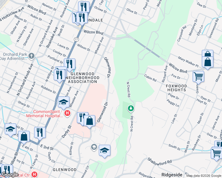 map of restaurants, bars, coffee shops, grocery stores, and more near 1018 Glenwood Drive in Chattanooga