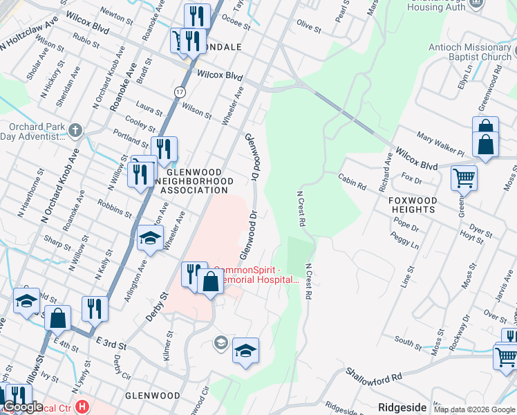 map of restaurants, bars, coffee shops, grocery stores, and more near 1018 Glenwood Drive in Chattanooga