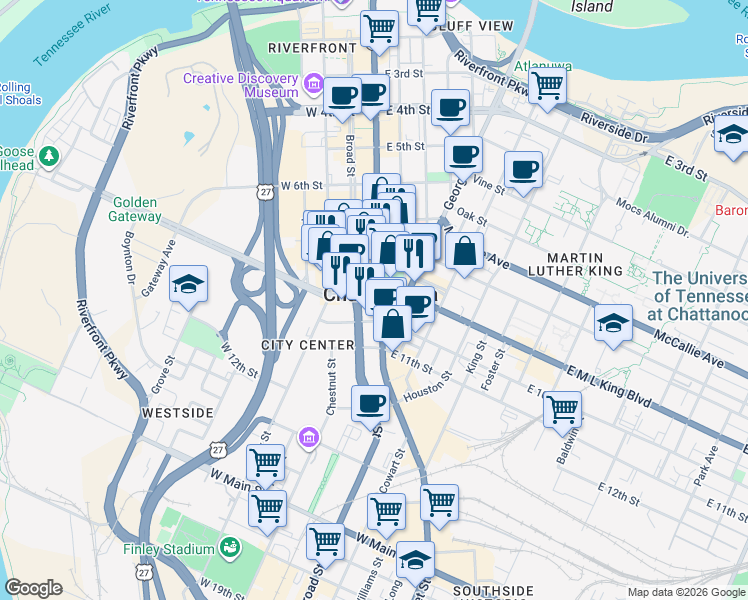 map of restaurants, bars, coffee shops, grocery stores, and more near in Chattanooga