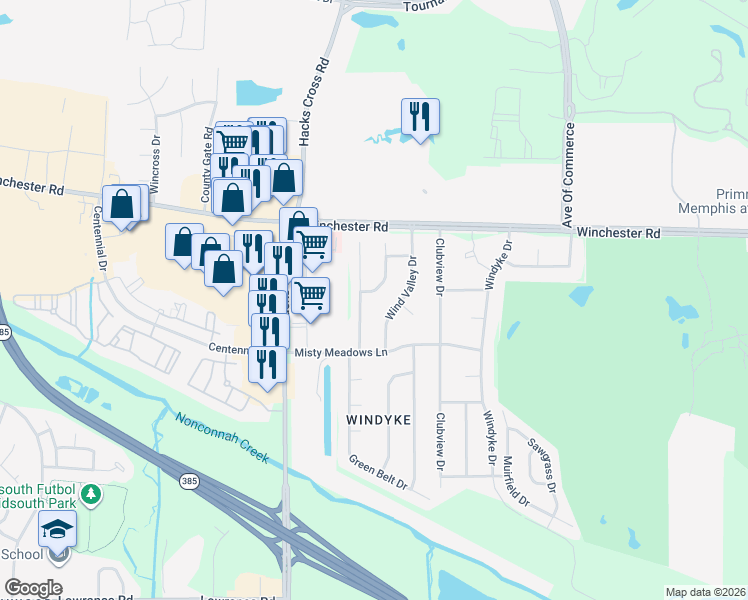 map of restaurants, bars, coffee shops, grocery stores, and more near 3770 Birchvale Drive in Memphis