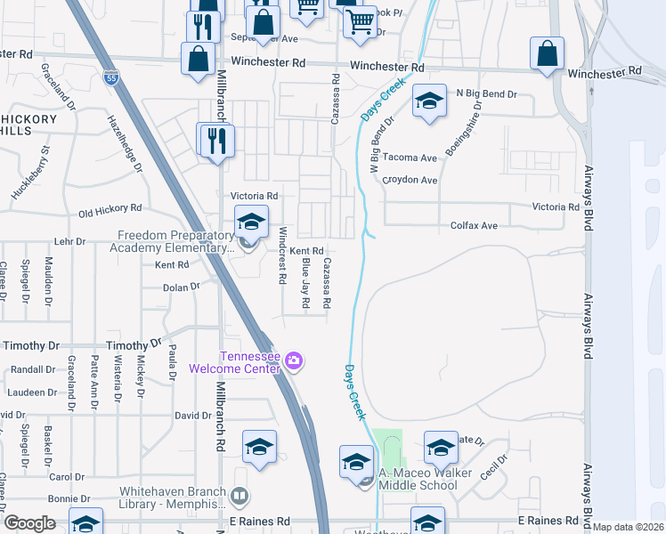 map of restaurants, bars, coffee shops, grocery stores, and more near 3764 Cazassa Road in Memphis