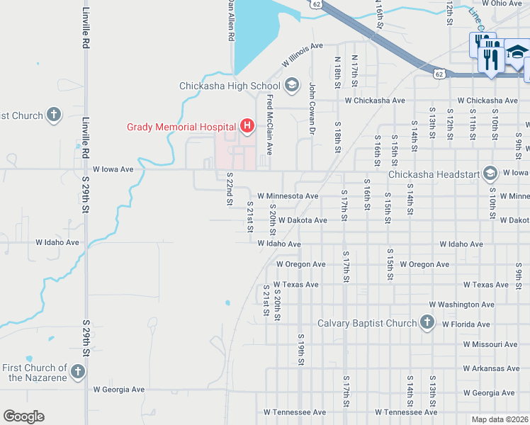 map of restaurants, bars, coffee shops, grocery stores, and more near 513 South 20th Street in Chickasha