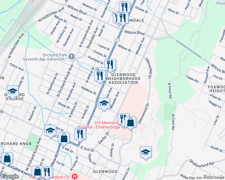 map of restaurants, bars, coffee shops, grocery stores, and more near 852 Arlington Avenue in Chattanooga