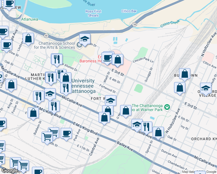 map of restaurants, bars, coffee shops, grocery stores, and more near 929 Fortwood Street in Chattanooga