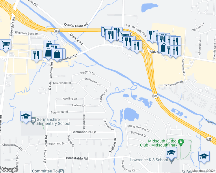 map of restaurants, bars, coffee shops, grocery stores, and more near 3781 Kennings Drive in Memphis