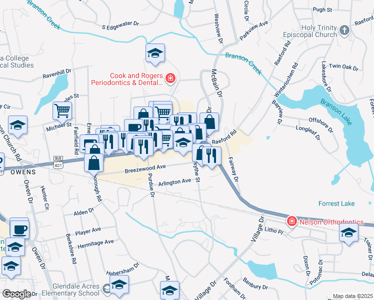 map of restaurants, bars, coffee shops, grocery stores, and more near 2621 Raeford Road in Fayetteville