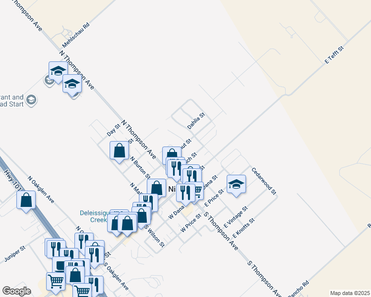 map of restaurants, bars, coffee shops, grocery stores, and more near 150 East Chestnut Street in Nipomo