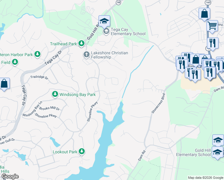 map of restaurants, bars, coffee shops, grocery stores, and more near 3073 River Bend Drive in Tega Cay