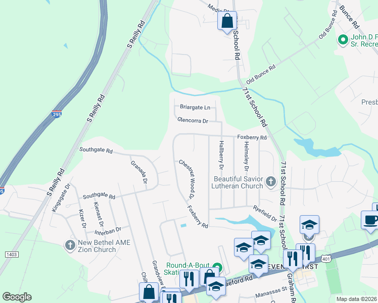 map of restaurants, bars, coffee shops, grocery stores, and more near 1116 Donny Brook Court in Fayetteville
