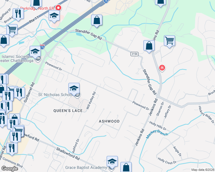 map of restaurants, bars, coffee shops, grocery stores, and more near 7531 Pinewood Drive in Chattanooga