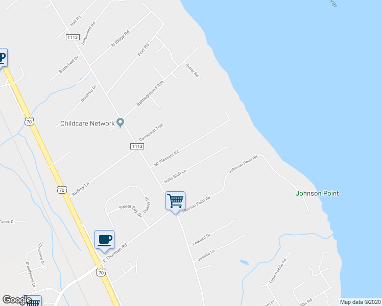 map of restaurants, bars, coffee shops, grocery stores, and more near 223 Mount Pleasant Road in New Bern