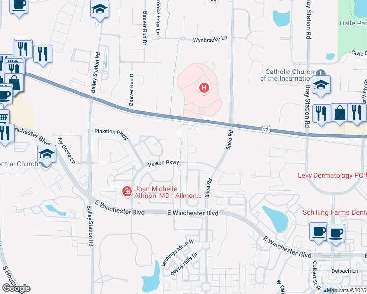 map of restaurants, bars, coffee shops, grocery stores, and more near 61 Peyton Ridge Drive in Collierville