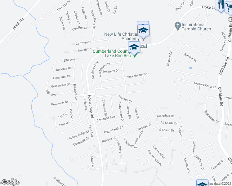 map of restaurants, bars, coffee shops, grocery stores, and more near 5808 Nessee Street in Fayetteville