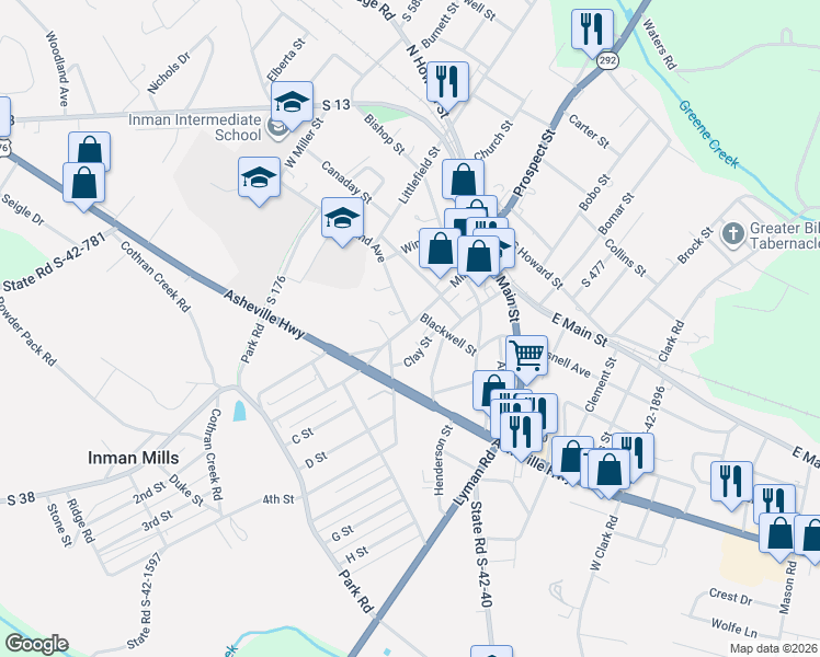map of restaurants, bars, coffee shops, grocery stores, and more near 57a South 338 in Inman