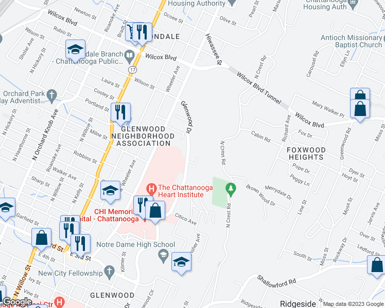 map of restaurants, bars, coffee shops, grocery stores, and more near 1006 Glenwood Drive in Chattanooga