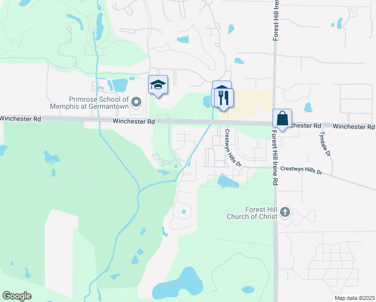map of restaurants, bars, coffee shops, grocery stores, and more near 8918 Links Drive East in Memphis