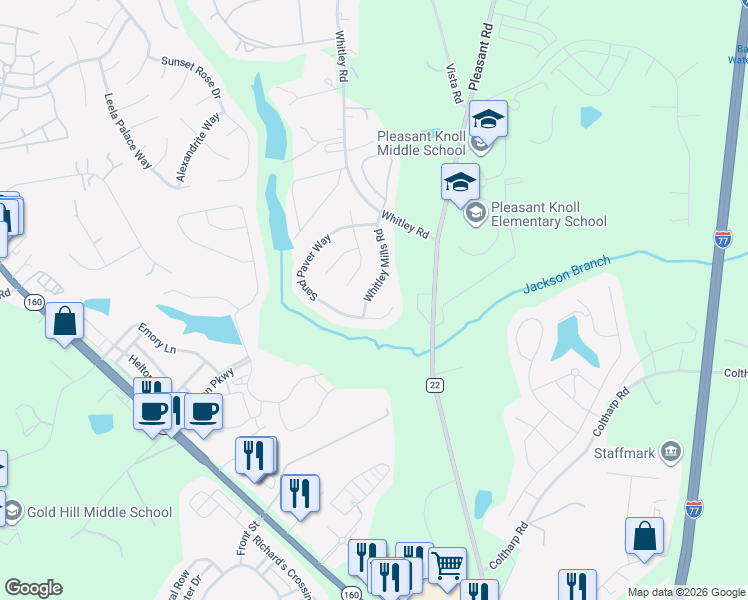 map of restaurants, bars, coffee shops, grocery stores, and more near 178 Whitley Mills Road in Fort Mill