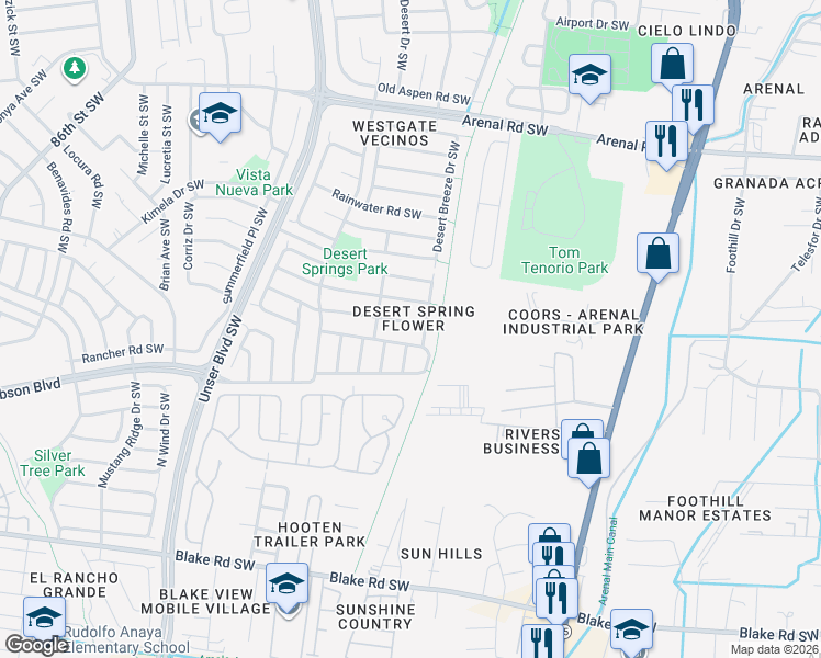 map of restaurants, bars, coffee shops, grocery stores, and more near 7501 Purple Fringe Road Southwest in Albuquerque