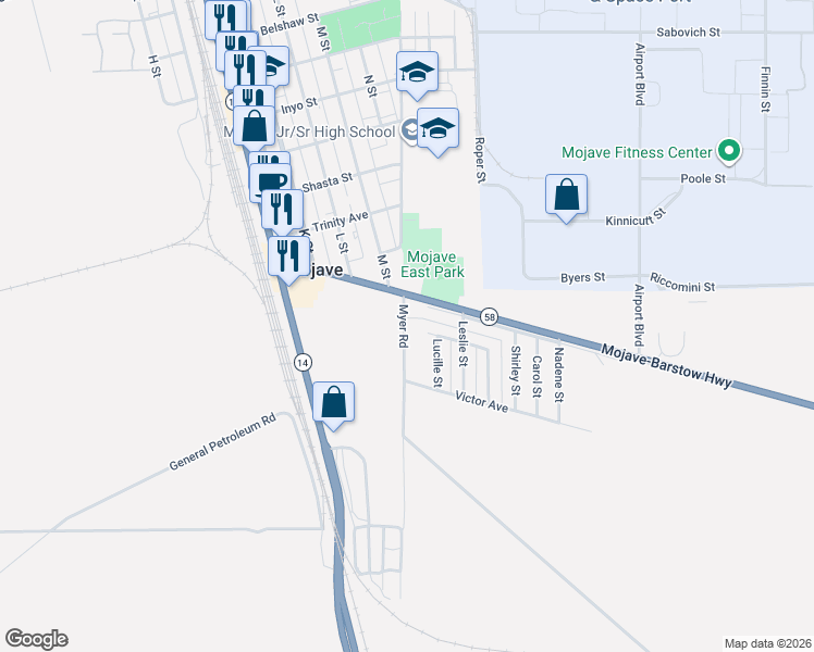 map of restaurants, bars, coffee shops, grocery stores, and more near 1954 California 58 Business in Mojave