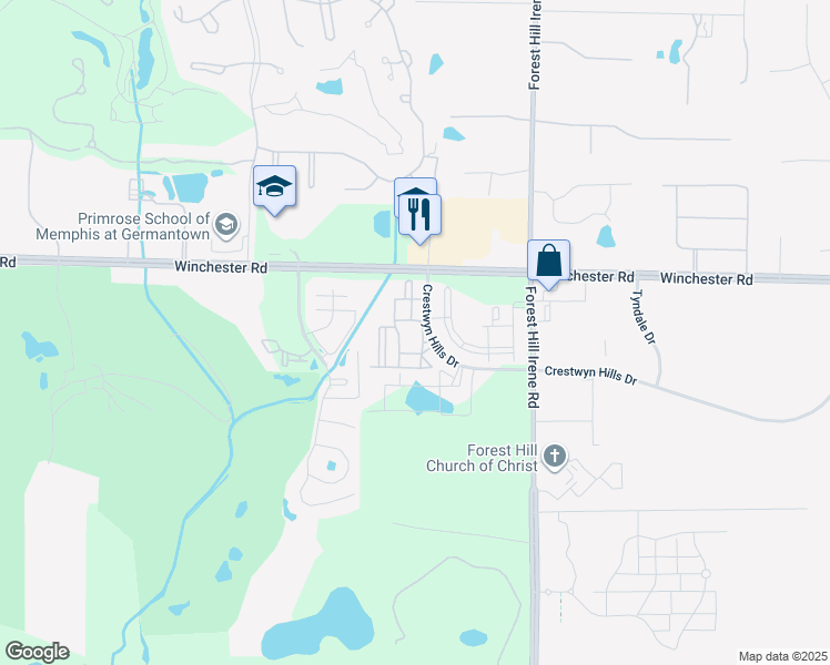 map of restaurants, bars, coffee shops, grocery stores, and more near 3769 Crestwyn Hills Drive in Memphis