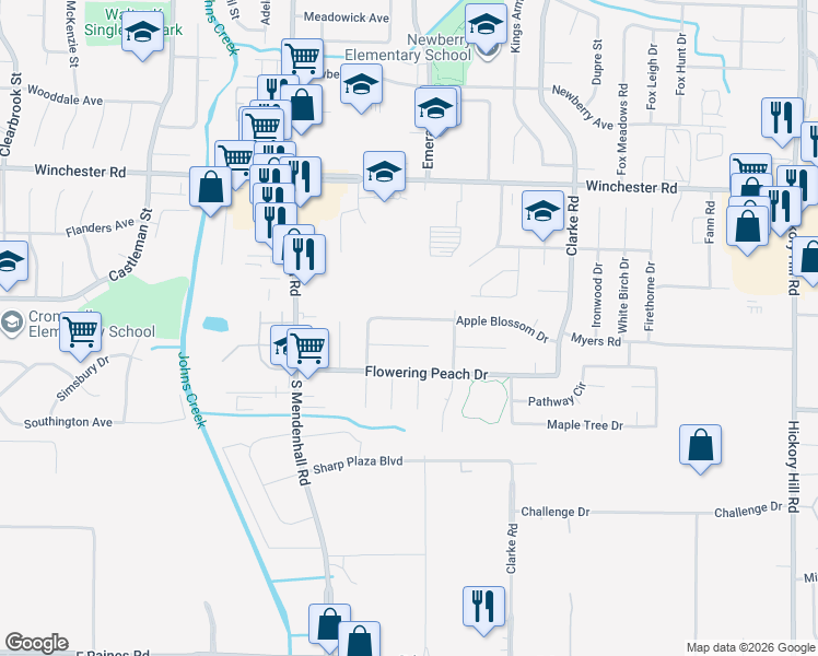 map of restaurants, bars, coffee shops, grocery stores, and more near 5456 Apple Blossom Drive in Memphis