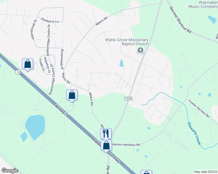map of restaurants, bars, coffee shops, grocery stores, and more near 2705 Thornburg Court in Monroe