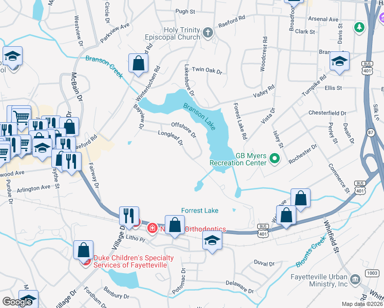 map of restaurants, bars, coffee shops, grocery stores, and more near 1127 Longleaf Drive in Fayetteville