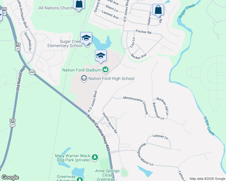map of restaurants, bars, coffee shops, grocery stores, and more near 256 Horton Grove Road in Fort Mill