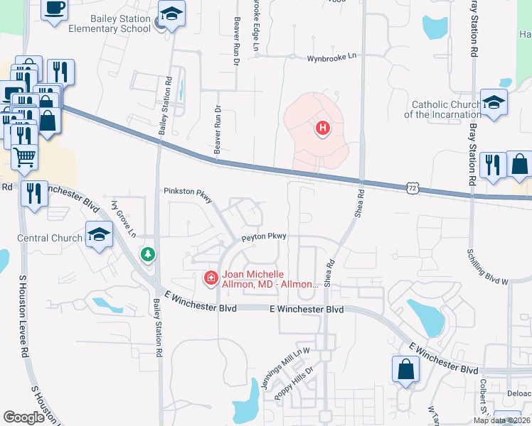 map of restaurants, bars, coffee shops, grocery stores, and more near 1715 Wainwright Court in Collierville