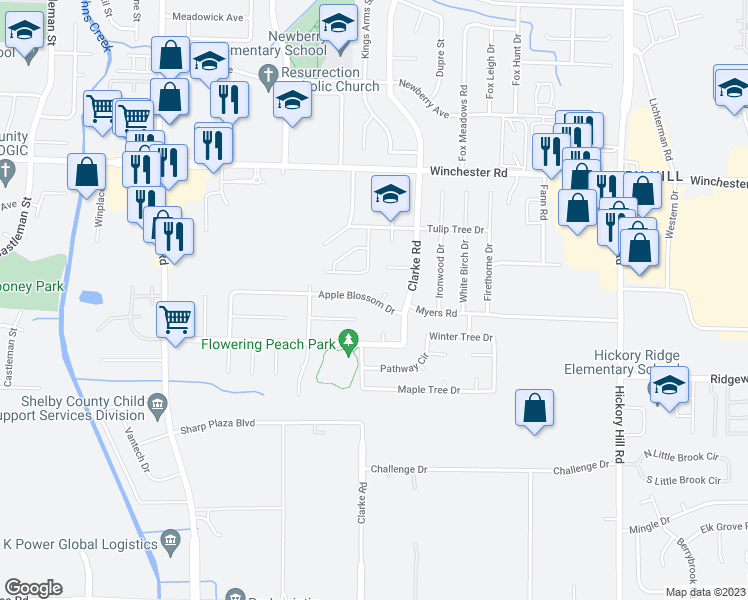 map of restaurants, bars, coffee shops, grocery stores, and more near 5597 Apple Blossom Drive in Memphis