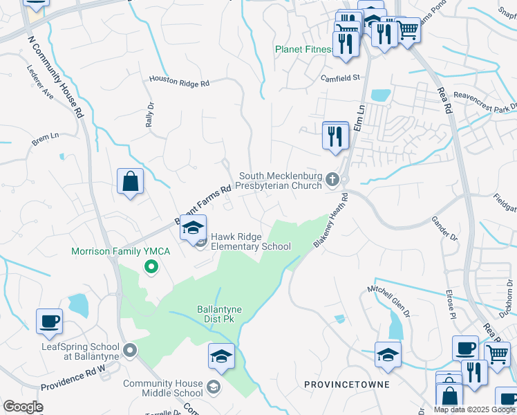 map of restaurants, bars, coffee shops, grocery stores, and more near 8946 Houston Ridge Road in Charlotte