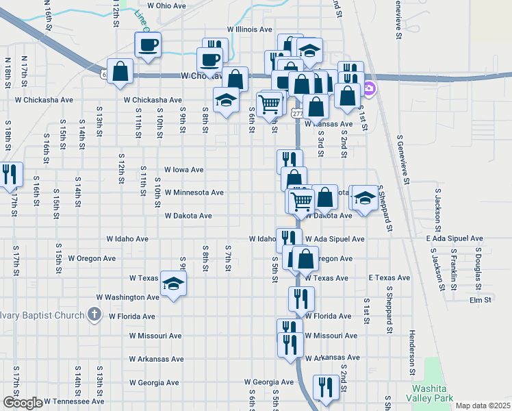 map of restaurants, bars, coffee shops, grocery stores, and more near 505 South 6th Street in Chickasha