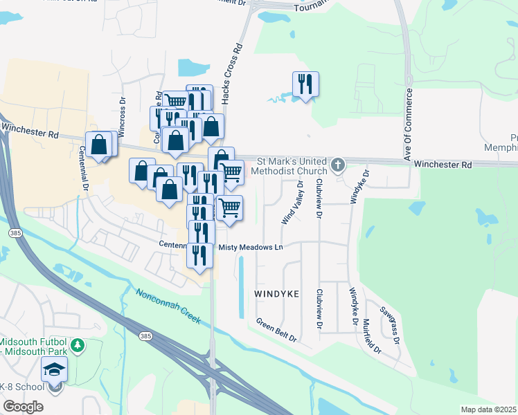 map of restaurants, bars, coffee shops, grocery stores, and more near 3785 Misty Oak Drive in Memphis