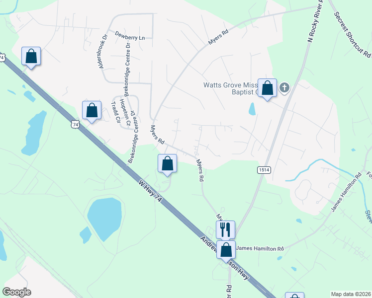 map of restaurants, bars, coffee shops, grocery stores, and more near 4412 Myers Road in Monroe