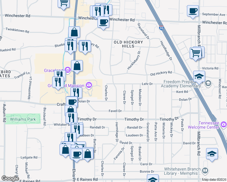 map of restaurants, bars, coffee shops, grocery stores, and more near 3761 Hermitage Drive in Memphis