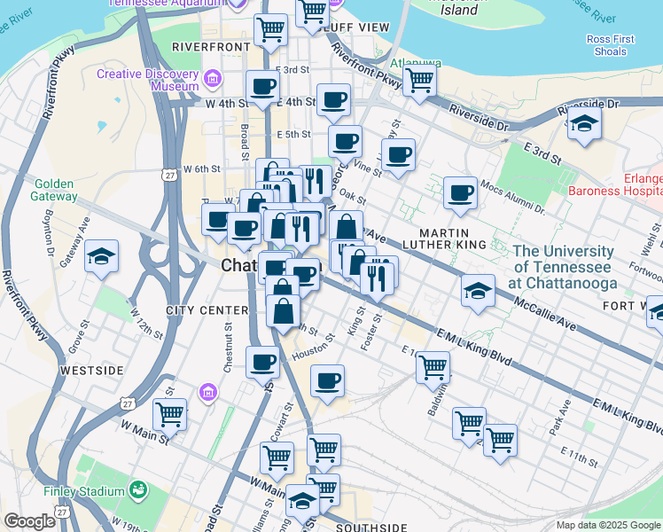 map of restaurants, bars, coffee shops, grocery stores, and more near in Chattanooga